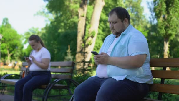Las personas gordas se comunican fácilmente en la red social pero temen el conocimiento en la realidad — Vídeos de Stock