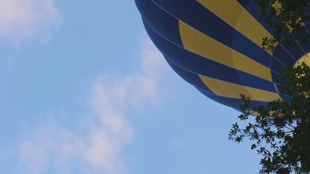 Воздушный шар, летящий над деревьями, поднимающийся в небо, летний фестиваль, экотуризм — стоковое видео