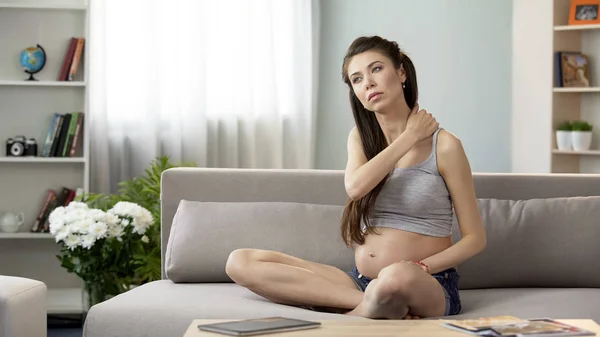 Pregnant Female Massaging Strained Neck Shoulders Tensed Muscles Problem — Stock Photo, Image
