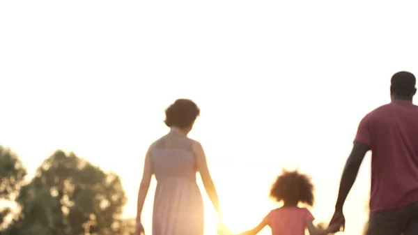 Three Person Family Walking Sunset Happy Future Together Memories — Stock Photo, Image