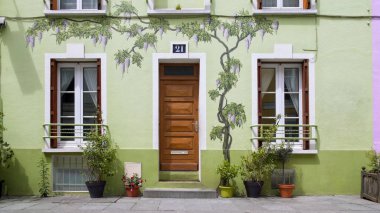 Güzel yeşil ev, Paris'te Rue Cremieux sokak cephesinde sanat çizimleri