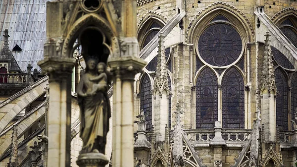 Gevel Van Kathedraal Notre Dame Paris Met Standbeeld Van Onze — Stockfoto