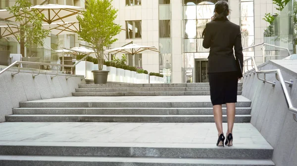 Señora Negocios Pie Las Escaleras Del Edificio Oficinas Teniendo Conversación — Foto de Stock