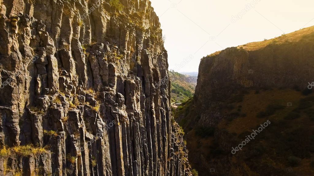 Rocky mountain with basalt pillars, geology and nature, beautiful aerial view