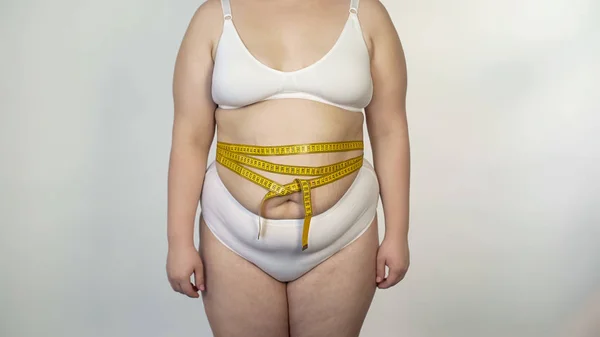 Ожирение Женщины Принимающей Измерения Тела Диеты Мотивации Потеря Веса — стоковое фото
