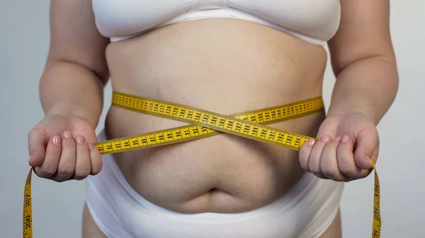 Tape Line Waist Woman Measuring Belly Health Problems Overweight — Stock Photo, Image