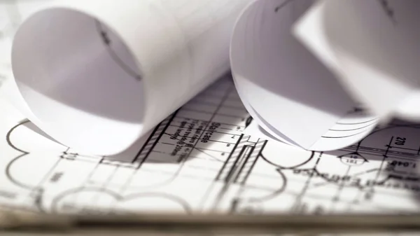 Zwinięte Budowa Planu Dokumenty Projekt Architektury Biuro Konstrukcyjne — Zdjęcie stockowe