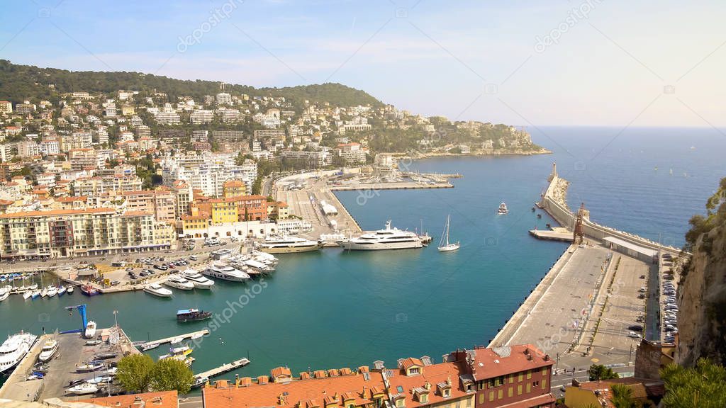 Nice port with many luxury yachts and boats, water transport, aerial view