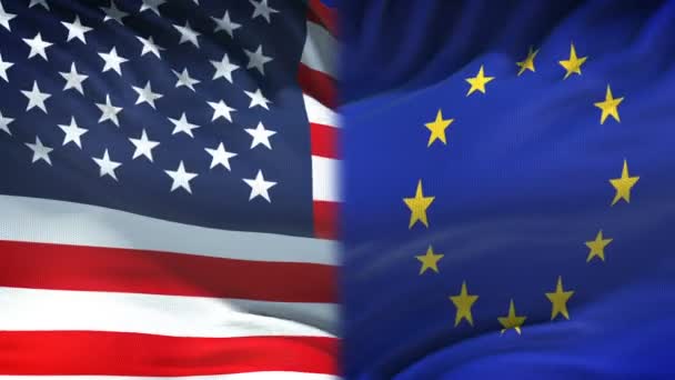 European Union Conflict Internationale Beziehungen Fäuste Auf Flaggenhintergrund — Stockvideo