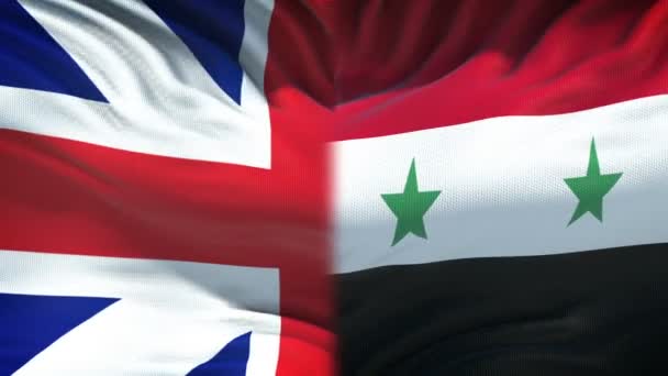 Velká Británie Sýrie Konflikt Pěsti Pozadí Vlajky Diplomatickou Krizi — Stock video