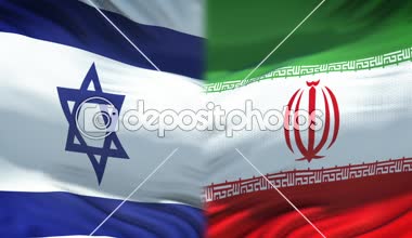 İsrail vs Iran çatışması, uluslararası ilişkiler, yumruk bayrak arka plan üzerinde