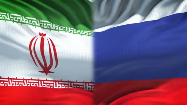 Iran Rusya Çatışma Uluslararası Ilişkiler Yumruk Bayrak Arka Plan Üzerinde — Stok video