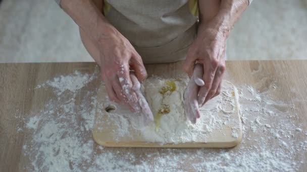 Grandmom Carefully Teaching Granddaughter Kneading Dough Family Recipe Cooking — Stock Video