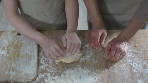 Kleines Mädchen Hilft Großmutter Beim Teigkneten Geheimnisse Des Familienkochens — Stockvideo