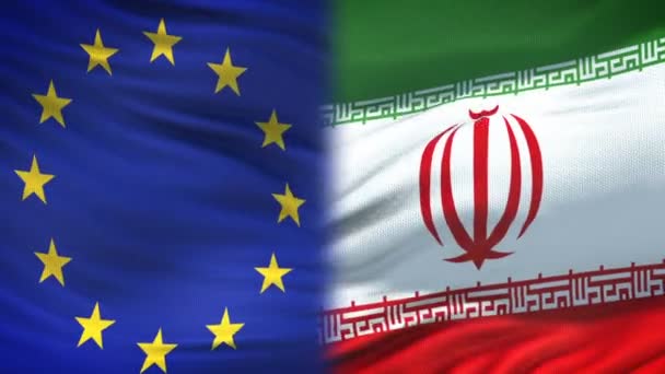 Európai Unió Irán Kézfogás Nemzetközi Barátság Zászló Háttérben — Stock videók