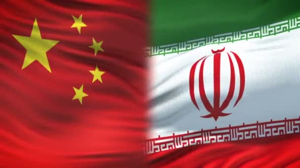 中国与伊朗握手 国际友谊关系 旗帜背景 — 图库视频影像