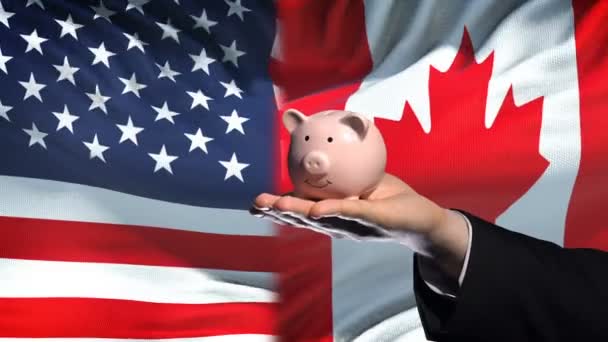 Investimento Dos Eua Canadá Mão Colocando Dinheiro Mealheiro Fundo Bandeira — Vídeo de Stock