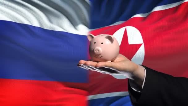 Ryssland Investeringar Nordkorea Hand Att Lägga Pengar Piggybank Flagga Bakgrund — Stockvideo