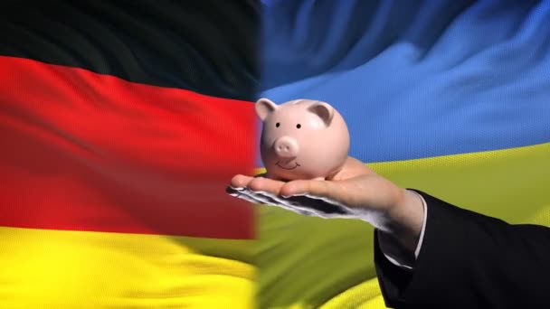 Germany Investment Ukraine Hand Putting Money Piggybank Flag Background — Stock Video