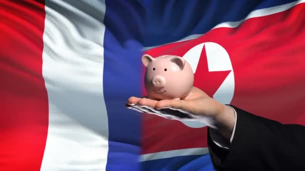 Frankrike Investeringar Nordkorea Hand Att Lägga Pengar Piggybank Flagga Bakgrund — Stockvideo
