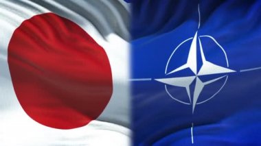 Brussels, Belçika - Haziran 2018 yaklaşık: Japonya vs NATO'nun çatışma, ülkeler anlaşmazlık, yumruk bayrak arka plan üzerinde