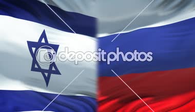 İsrail vs Rusya çatışma, ülkeler anlaşmazlık, yumruk bayrak arka plan üzerinde
