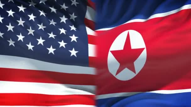 Nás Severní Korea Konfrontaci Země Nesouhlas Pěsti Pozadí Vlajky — Stock video
