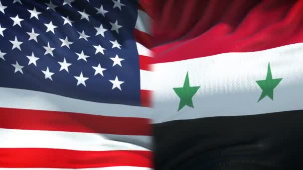Конфликт Между Сша Сирией Разногласия Стран Кулаки Фоне Флага — стоковое видео