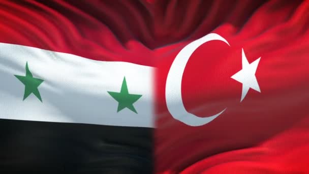 Конфликт Между Сирией Турцией Разногласия Стран Кулаки Фоне Флага — стоковое видео