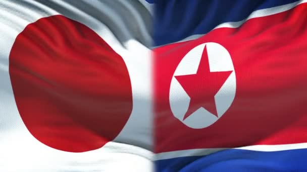 Конфликт Между Японией Северной Кореей Конфликт Интересов Кулаки Фоне Флага — стоковое видео