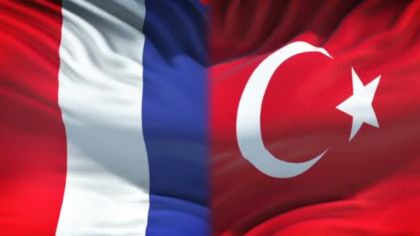 Fransa Türkiye Çatışma Ülkeler Anlaşmazlık Yumruk Bayrak Arka Plan Üzerinde — Stok video
