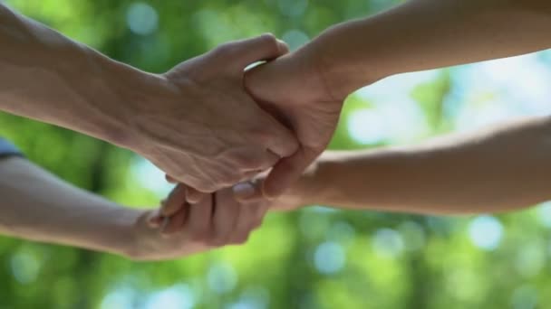 手を握っている同性愛者の男性の日都市公園 ゲイ関係カップル サポート — ストック動画