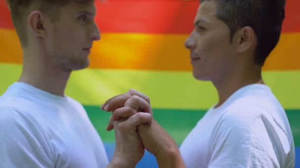 同性恋男子亲吻彩虹旗背景 社会宽容 — 图库视频影像