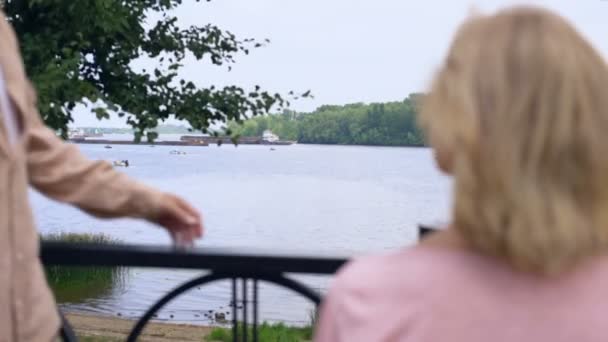 Yaşlı Adam Kucaklama Rahatlatıcı Kadın Bahçede Park Nehri Mutlu Üst — Stok video