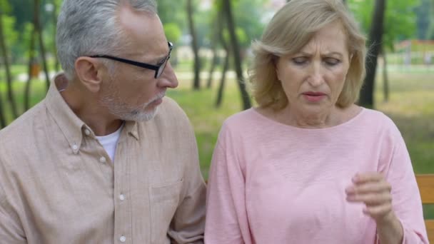 Caring Husband Holding Hands Old Sick Wife Alzheimer Disease Family — Stock Video