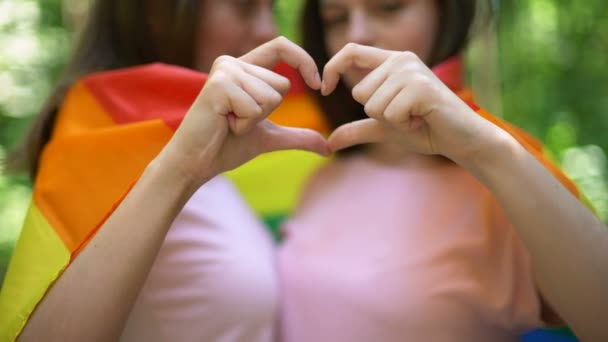 Lesbianas Pareja Envolviendo Arco Iris Bandera Libre Demostración Amor Lgbt — Vídeos de Stock