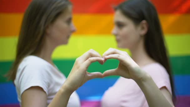 Doux Baiser Belles Lesbiennes Sur Fond Drapeau Arc Ciel Partenaires — Video