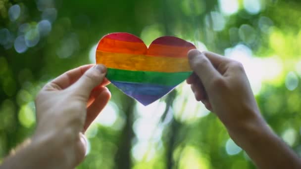 Męskie Ręce Trzyma Serce Tęczy Światowe Uznanie Małżeństwa Homoseksualne — Wideo stockowe
