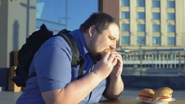 太りすぎの男性の咀嚼バーガー 不健康なランチ 消化の問題 — ストック動画