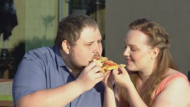 カップル痛烈なピザ スライス一緒に 不健全なスナック屋外怠惰なレジャーを愛する — ストック動画