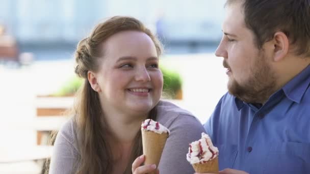 Flirting Young Woman Touching Boyfriend Nose Ice Cream Playful Mood — Stock Video