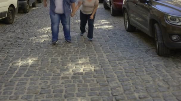 Υπερβολικό Βάρος Ζευγάρι Δύσκολα Περπατώντας Στην Πόλη Οδός Έλλειψη Σωματικής — Αρχείο Βίντεο