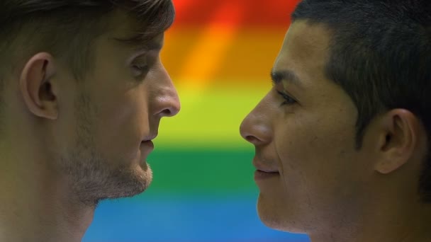 Gayové Jemně Líbat Duhové Vlajky Pozadí Práva Menšin Koncept Rovnosti — Stock video