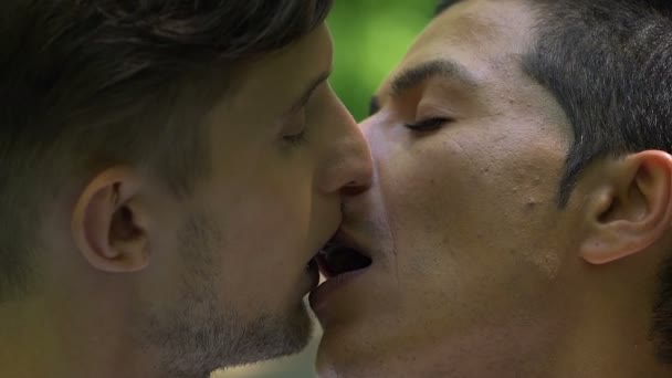 Closeup Cute Gay Couple Kissing Affectionately Closeness Romantic Intimacy — Stock Video