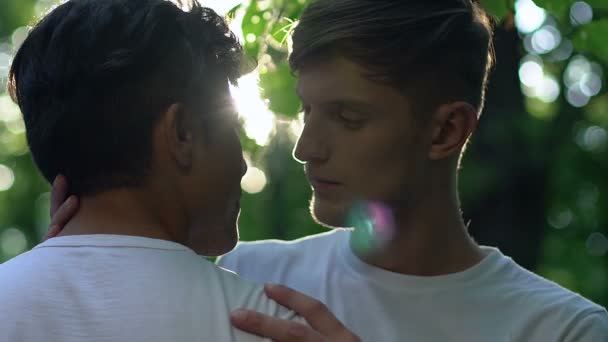 同性カップルが情熱的にキス 待望の会議 ぜんぎスローモーション — ストック動画