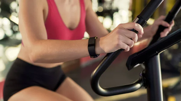 Healthy Slim Female Wearing Fitness Bracelet Riding Exercise Bike Sports — Stock Photo, Image