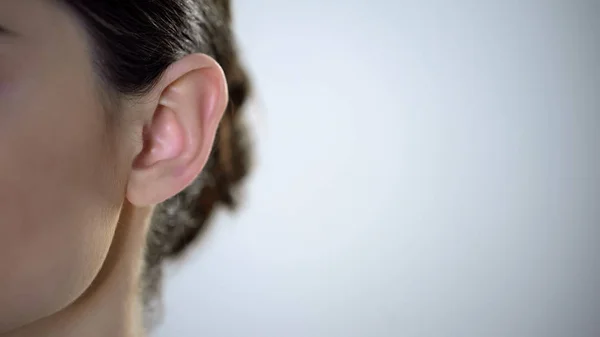 Young Female Ear Closeup Useless Rumors Disinformation Privacy Intrusion — Stock Photo, Image
