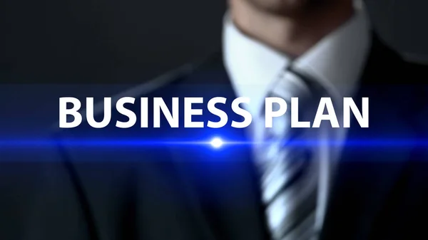 Business Plan Uomo Giacca Cravatta Davanti Allo Schermo Sviluppo Del — Foto Stock