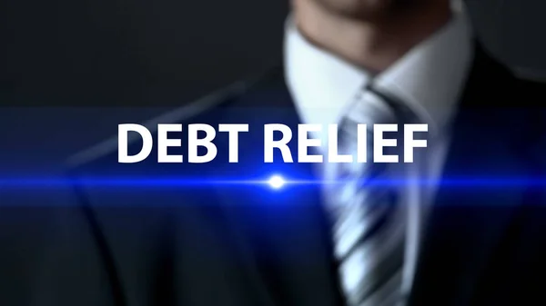 Debt Relief Businessman Standing Front Screen Financial Assistance — Stock Photo, Image