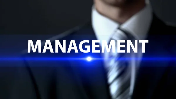 Management Male Suit Standing Front Screen Business Strategy Company — Stock Photo, Image
